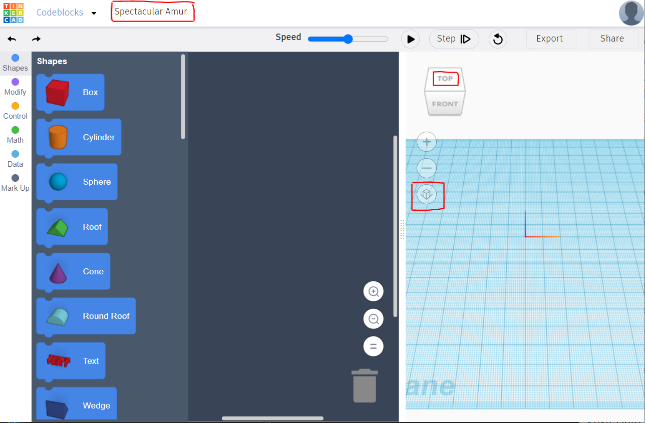 screenshot of the Tinkercad editor, with red boxes around the three sections described in the bullet points above
